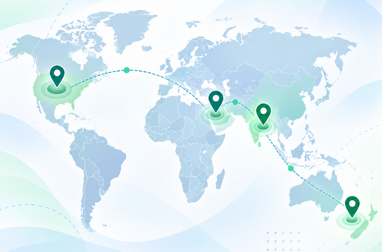 World map marking MGrid's offices in the USA, the UAE, India and New Zealand